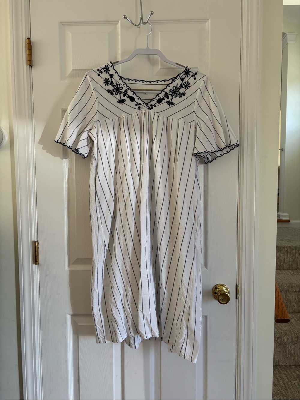 orange creek White Dress with Black Stripe & Embroidered V-Neck